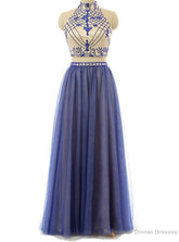 Sexy Two Piece Prom/Evening Dress Royal Blue Tulle Floor-Length Backless Beaded Party Dress